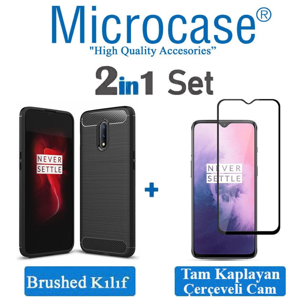 Microcase OnePlus 7 Brushed Carbon Fiber Silikon Kılıf + Tam Kaplayan Çerçeveli Cam