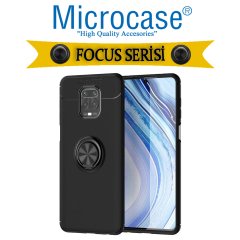 Microcase Xiaomi Redmi Note 9S - Redmi Note 9 Pro - Redmi Note 9 Pro Max Focus Serisi Yüzük Standlı Silikon Kılıf - Siyah + Tempered Glass Cam Koruma