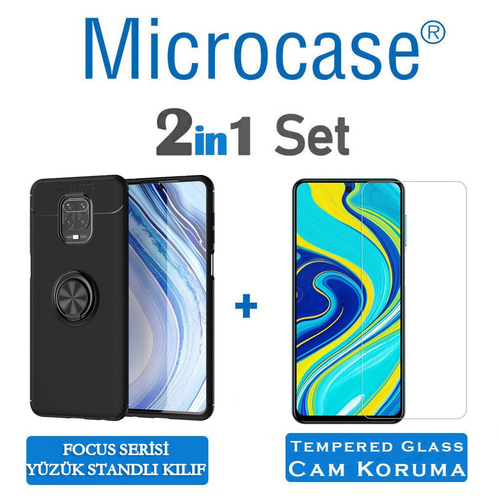 Microcase Xiaomi Redmi Note 9S - Redmi Note 9 Pro - Redmi Note 9 Pro Max Focus Serisi Yüzük Standlı Silikon Kılıf - Siyah + Tempered Glass Cam Koruma