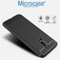 Microcase OnePlus 7 Brushed Carbon Fiber Silikon Kılıf + Tam Kaplayan Çerçeveli Cam