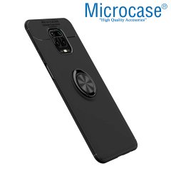 Microcase Xiaomi Redmi Note 9S - Redmi Note 9 Pro - Redmi Note 9 Pro Max Focus Serisi Yüzük Standlı Silikon Kılıf - Siyah + Tempered Glass Cam Koruma