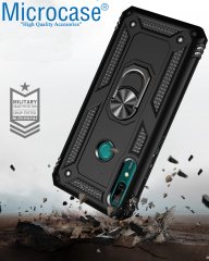 Microcase Huawei Y9 Prime 2019 Anka Serisi Yüzük Standlı Armor Kılıf Siyah + Tempered Glass Cam Koruma (SEÇENEKLİ)