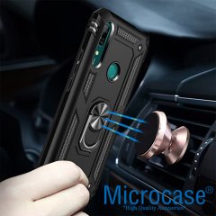 Microcase Huawei Y9 Prime 2019 Anka Serisi Yüzük Standlı Armor Kılıf Siyah + Tempered Glass Cam Koruma (SEÇENEKLİ)
