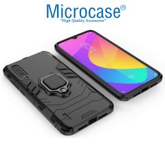 Microcase Xiaomi Mi 9 Lite Batman Serisi Yüzük Standlı Armor Kılıf - Siyah + Tempered Glass Cam Koruma