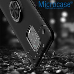 Microcase Xiaomi Redmi Note 9S - Redmi Note 9 Pro - Redmi Note 9 Pro Max Focus Serisi Yüzük Standlı Silikon Kılıf - Siyah + Tempered Glass Cam Koruma