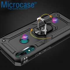 Microcase Huawei Y9 Prime 2019 Anka Serisi Yüzük Standlı Armor Kılıf Siyah + Tempered Glass Cam Koruma (SEÇENEKLİ)
