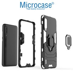 Microcase Xiaomi Mi 9 Lite Batman Serisi Yüzük Standlı Armor Kılıf - Siyah + Tempered Glass Cam Koruma