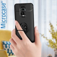 Microcase Xiaomi Redmi Note 9S - Redmi Note 9 Pro - Redmi Note 9 Pro Max Focus Serisi Yüzük Standlı Silikon Kılıf - Siyah + Tempered Glass Cam Koruma