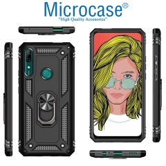 Microcase Huawei Y9 Prime 2019 Anka Serisi Yüzük Standlı Armor Kılıf Siyah + Tempered Glass Cam Koruma (SEÇENEKLİ)