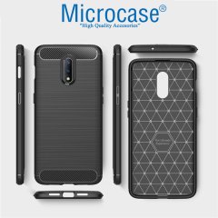 Microcase OnePlus 7 Brushed Carbon Fiber Silikon Kılıf + Tam Kaplayan Çerçeveli Cam