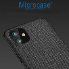 iPhone 12 Fabrik Serisi Kumaş ve Deri Desen Kılıf - Siyah
