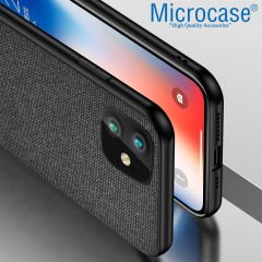 iPhone 12 Fabrik Serisi Kumaş ve Deri Desen Kılıf - Siyah