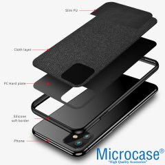 iPhone 12 Fabrik Serisi Kumaş ve Deri Desen Kılıf - Siyah