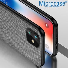 iPhone 12 Fabrik Serisi Kumaş ve Deri Desen Kılıf - Gri