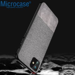 iPhone 12 Fabrik Serisi Kumaş ve Deri Desen Kılıf - Gri