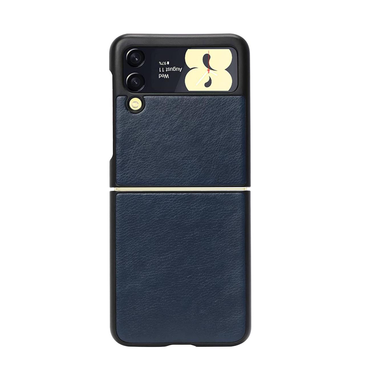 Microcase Samsung Galaxy Z Flip 3 için Deri Desenli Plastik Koruma Kılıf - Lacivert