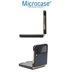 Microcase Samsung Galaxy Z Flip 3 için Deri Desenli Plastik Koruma Kılıf - Lacivert