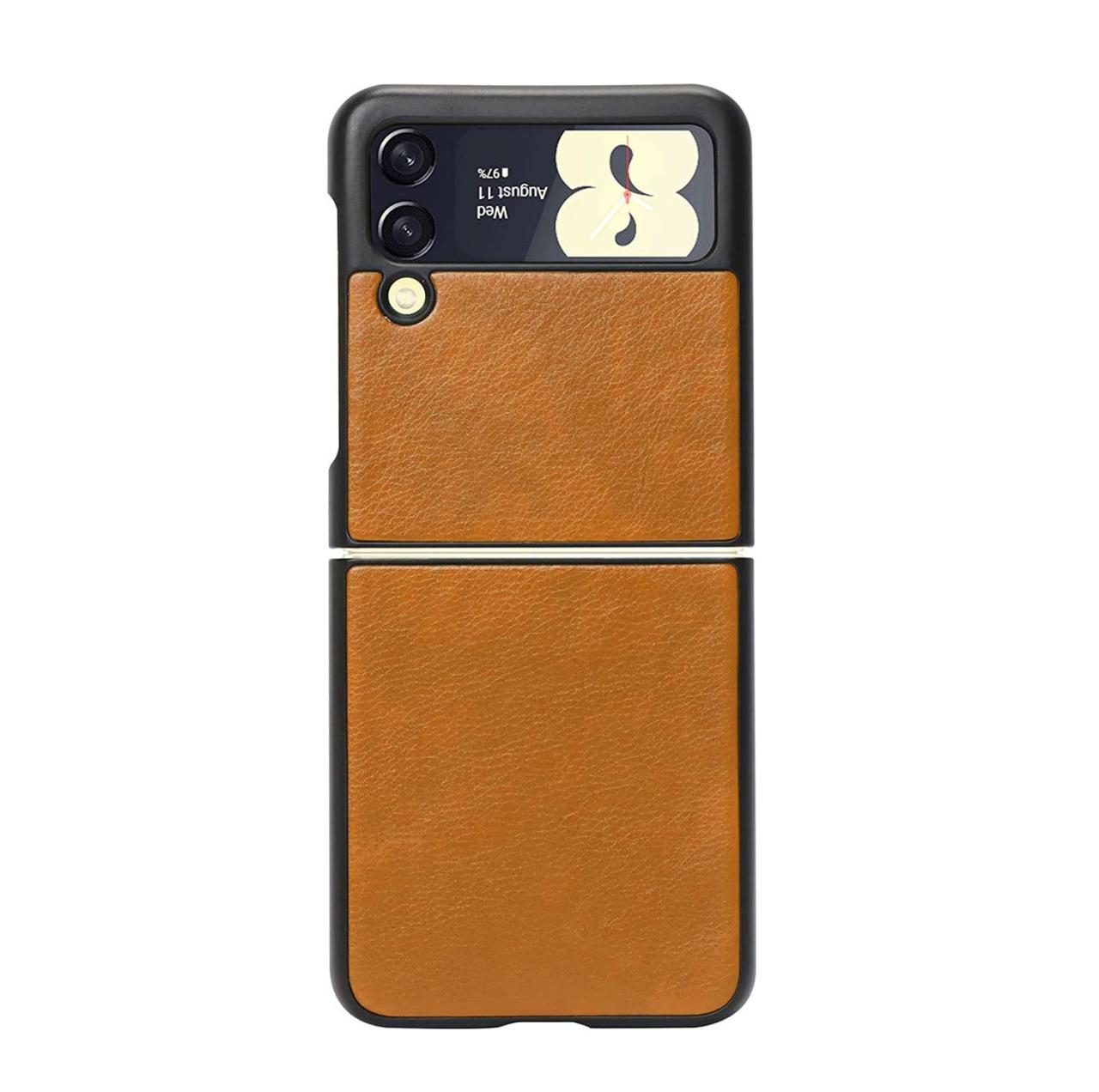 Microcase Samsung Galaxy Z Flip 3 için Deri Desenli Plastik Koruma Kılıf - Taba