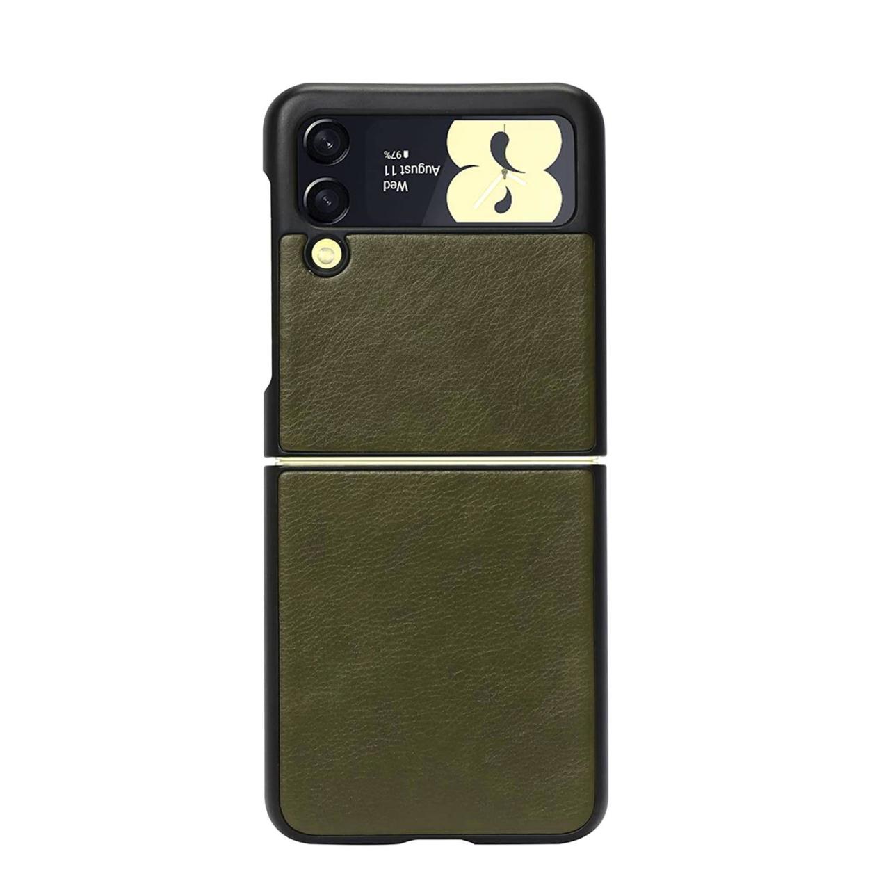 Microcase Samsung Galaxy Z Flip 3 için Deri Desenli Plastik Koruma Kılıf - Koyu Yeşil