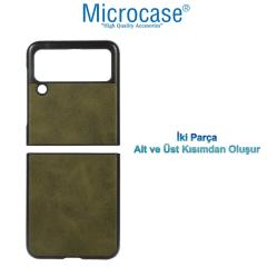 Microcase Samsung Galaxy Z Flip 3 için Deri Desenli Plastik Koruma Kılıf - Koyu Yeşil