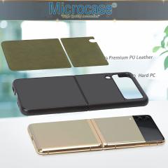 Microcase Samsung Galaxy Z Flip 3 için Deri Desenli Plastik Koruma Kılıf - Koyu Yeşil