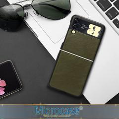 Microcase Samsung Galaxy Z Flip 3 için Deri Desenli Plastik Koruma Kılıf - Koyu Yeşil