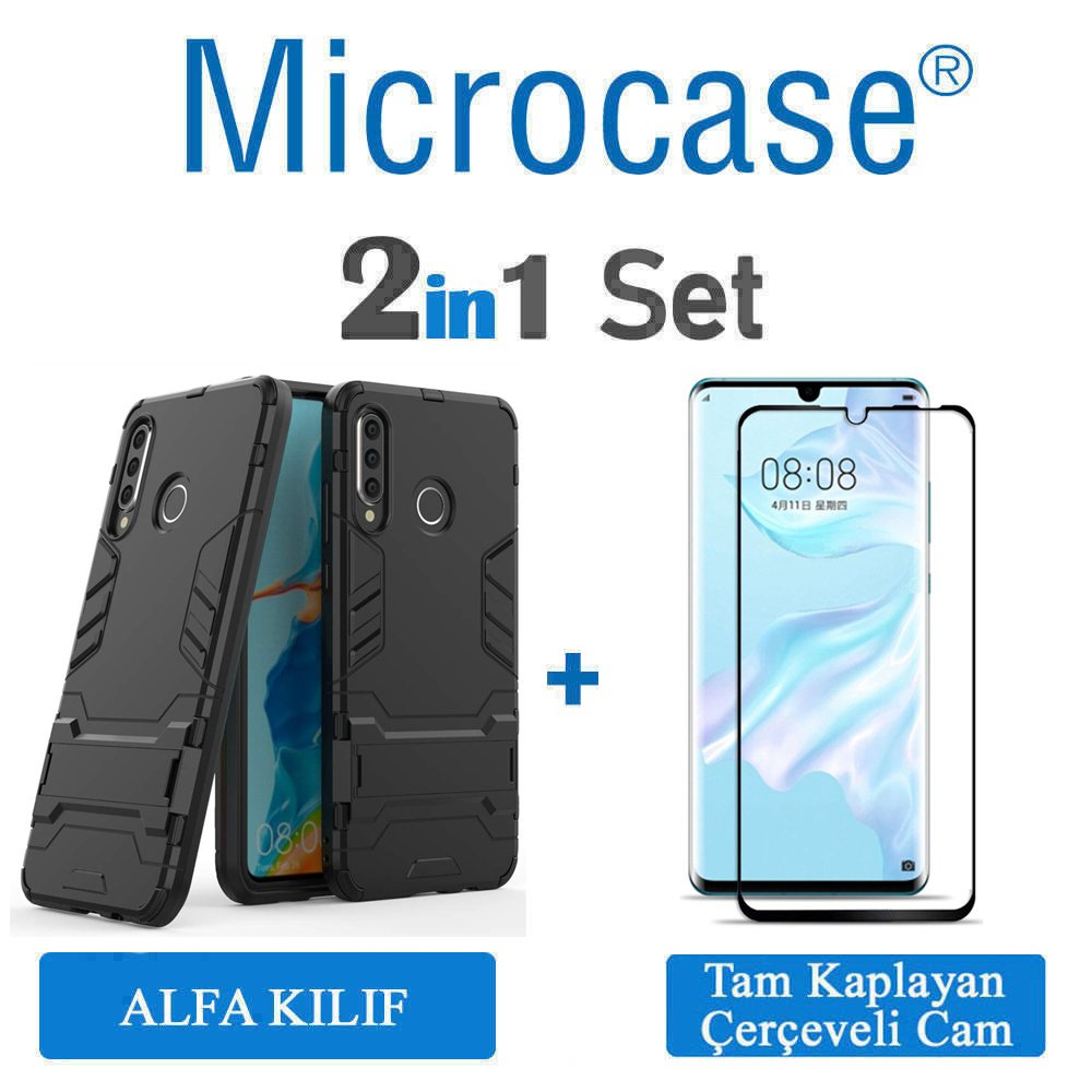 Microcase Huawei P30 Lite - Nova 4e Alfa Serisi Armor Standlı Perfect Protect Koruma Kılıf + Tam Kaplayan Çerçeveli Cam Ekran Koruma