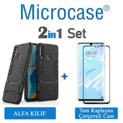 Microcase Huawei P30 Lite - Nova 4e Alfa Serisi Armor Standlı Perfect Protect Koruma Kılıf + Tam Kaplayan Çerçeveli Cam Ekran Koruma