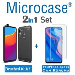 Microcase Huawei Y9 Prime 2019 Brushed Carbon Fiber Silikon Kılıf - Siyah + Tempered Glass Cam Koruma