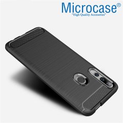 Microcase Huawei Y9 Prime 2019 Brushed Carbon Fiber Silikon Kılıf - Siyah + Tempered Glass Cam Koruma