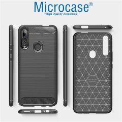 Microcase Huawei Y9 Prime 2019 Brushed Carbon Fiber Silikon Kılıf - Siyah + Tempered Glass Cam Koruma