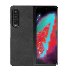 Microcase Samsung Galaxy Z Fold 3 için Deri Desenli Plastik Koruma Kılıf - Siyah