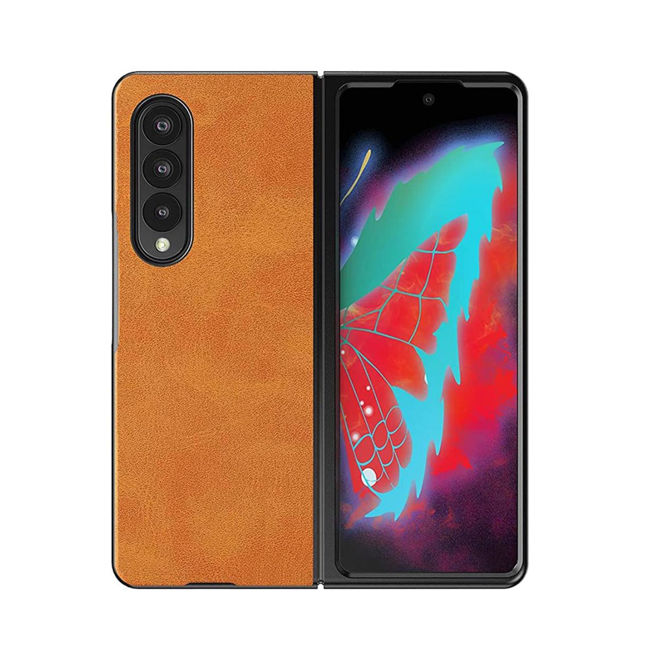 Microcase Samsung Galaxy Z Fold 3 için Deri Desenli Plastik Koruma Kılıf - Taba