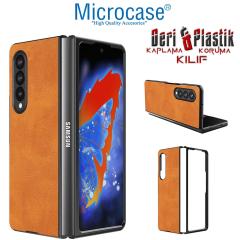 Microcase Samsung Galaxy Z Fold 3 için Deri Desenli Plastik Koruma Kılıf - Taba