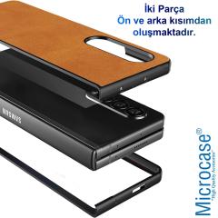 Microcase Samsung Galaxy Z Fold 3 için Deri Desenli Plastik Koruma Kılıf - Taba