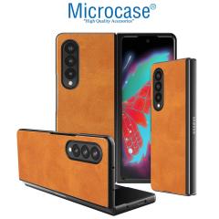 Microcase Samsung Galaxy Z Fold 3 için Deri Desenli Plastik Koruma Kılıf - Taba