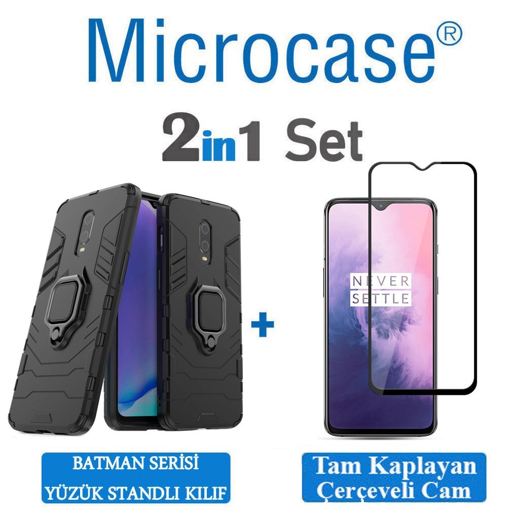 Microcase OnePlus 7 Batman Serisi Yüzük Standlı Armor Kılıf - Siyah + Tam Kaplayan Çerçeveli Cam