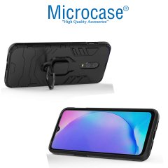 Microcase OnePlus 7 Batman Serisi Yüzük Standlı Armor Kılıf - Siyah + Tam Kaplayan Çerçeveli Cam