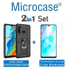 Microcase Huawei P30 Lite Anka Serisi Yüzük Standlı Armor Kılıf Siyah + Tempered Glass Cam Koruma (SEÇENEKLİ)