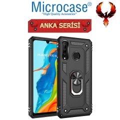 Microcase Huawei P30 Lite Anka Serisi Yüzük Standlı Armor Kılıf Siyah + Tempered Glass Cam Koruma (SEÇENEKLİ)