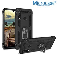 Microcase Huawei P30 Lite Anka Serisi Yüzük Standlı Armor Kılıf Siyah + Tempered Glass Cam Koruma (SEÇENEKLİ)
