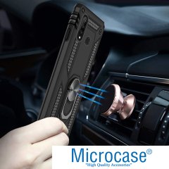 Microcase Huawei P30 Lite Anka Serisi Yüzük Standlı Armor Kılıf Siyah + Tempered Glass Cam Koruma (SEÇENEKLİ)