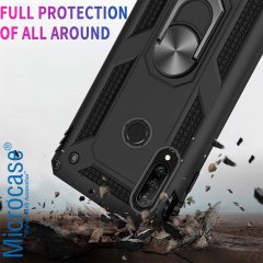 Microcase Huawei P30 Lite Anka Serisi Yüzük Standlı Armor Kılıf Siyah + Tempered Glass Cam Koruma (SEÇENEKLİ)