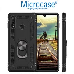 Microcase Huawei P30 Lite Anka Serisi Yüzük Standlı Armor Kılıf Siyah + Tempered Glass Cam Koruma (SEÇENEKLİ)