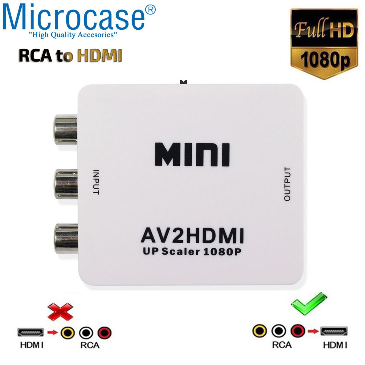 Microcase RCA to HDMI TOS AV Çevirici Dönüştürücü 1080P Mini AV2HDMI Video Conventer - AL2666 Beyaz