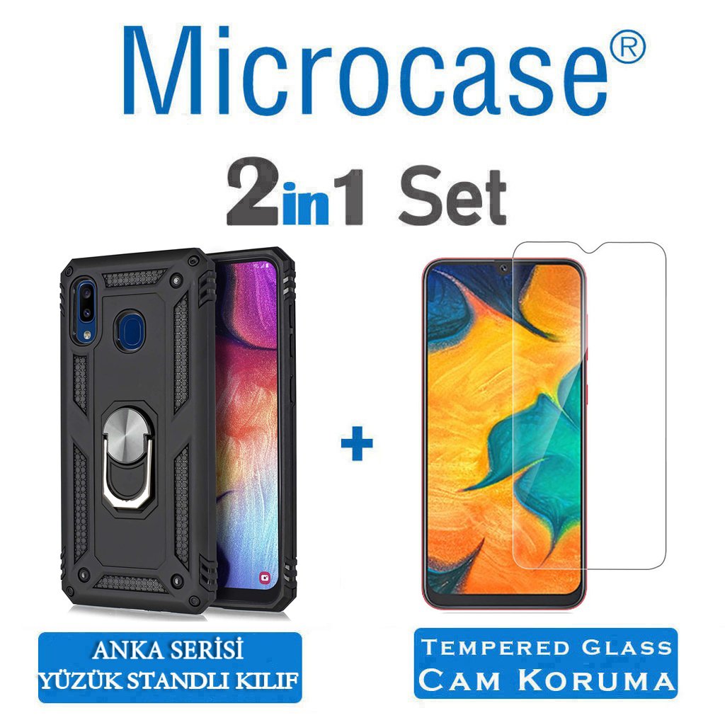 Microcase Samsung Galaxy A20 Anka Serisi Yüzük Standlı Armor Kılıf Siyah + Tempered Glass Cam Koruma (SEÇENEKLİ)