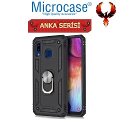 Microcase Samsung Galaxy A20 Anka Serisi Yüzük Standlı Armor Kılıf Siyah + Tempered Glass Cam Koruma (SEÇENEKLİ)