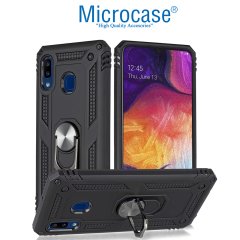 Microcase Samsung Galaxy A20 Anka Serisi Yüzük Standlı Armor Kılıf Siyah + Tempered Glass Cam Koruma (SEÇENEKLİ)
