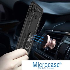 Microcase Samsung Galaxy A20 Anka Serisi Yüzük Standlı Armor Kılıf Siyah + Tempered Glass Cam Koruma (SEÇENEKLİ)