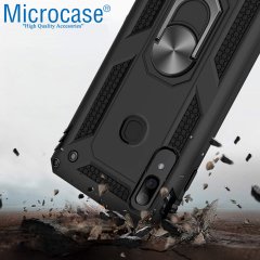 Microcase Samsung Galaxy A20 Anka Serisi Yüzük Standlı Armor Kılıf Siyah + Tempered Glass Cam Koruma (SEÇENEKLİ)